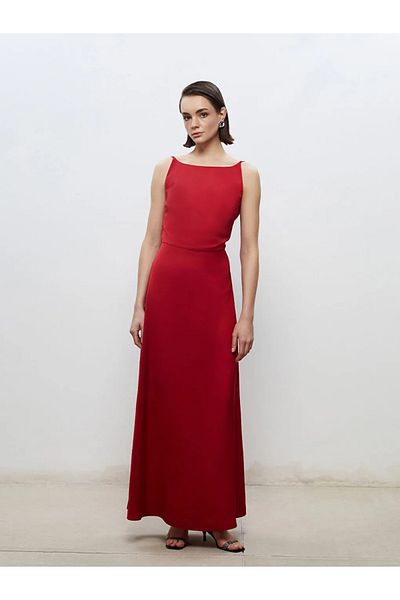 LC Waikiki Soulife Burgundy Boat Neck Strap Satin Evening Dress
