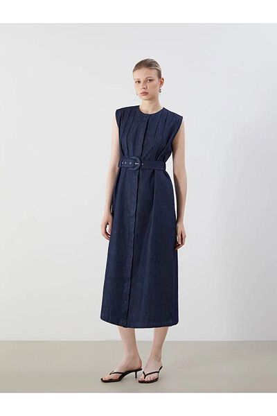 LC Waikiki Lcw Vision Indigo Crew Neck Belted Pleated Jean Dress