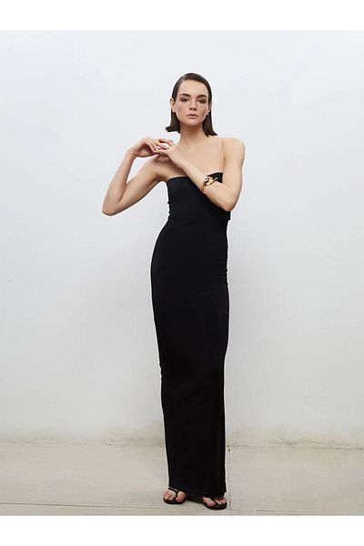 LC Waikiki Soulife Black Strapless Neckline Gathered Evening Dress