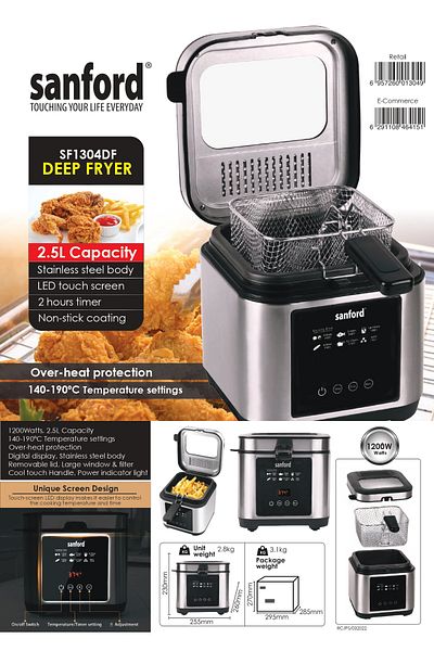 Sanford Sanford Deep Fryer 2.5L, 1200W, Touch Screen, Removable Lid, Temperature Control