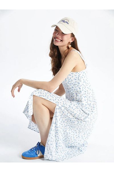 LC Waikiki Xside Blue Square Neck Floral Women's Dress