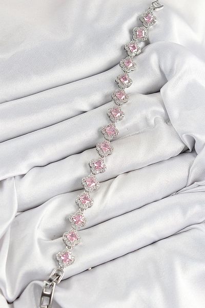 NETWORK ART Bfs Brass Zircon Stone Pink Clover Baguette Model Silver Color Vip Series Women's Bracelet