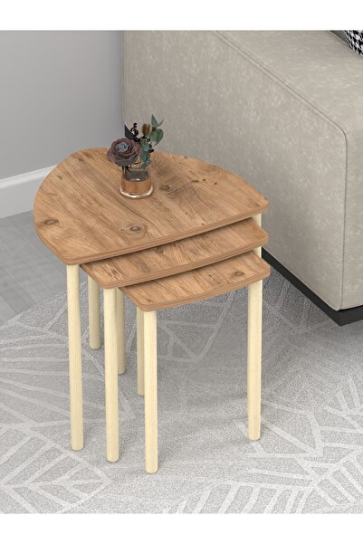 DESENGO Damla Ahşap Ayak 3lü Atlantik Çam Zigon-servis Sehpası-salon Sehpası-çay Sehpası-modern Tasarım