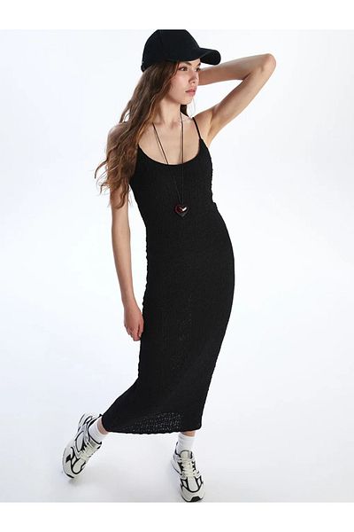 LC Waikiki Xside Black U-Neck Textured Bodycon Dress