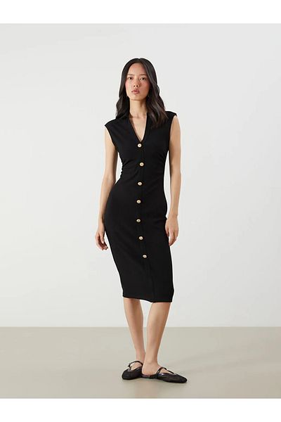 LC Waikiki Lcw Vision Black Textured Shirred Shirt Dress