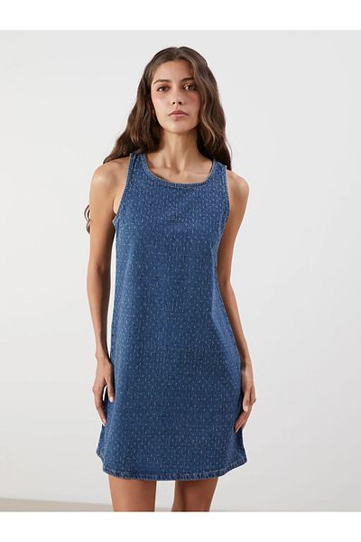 LC Waikiki Lcw Vision Indigo Crew Neck Self Pattern Mini Jean Dress