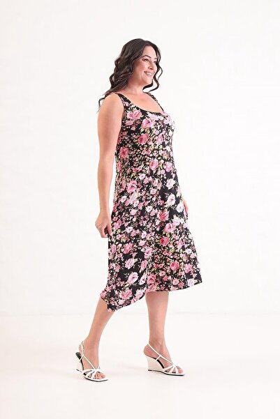 Truva XXL Thick Strap Floral Patterned Dress |   Lycra Viscose |   Plus Size Summer Elegance