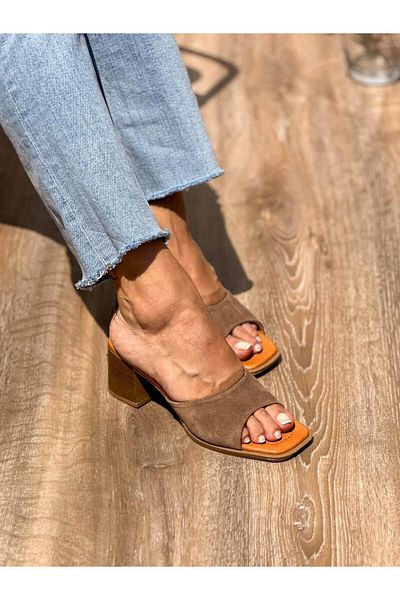 SİBA SHOES Nerra Genuine Suede Leather Camel Heeled Slippers