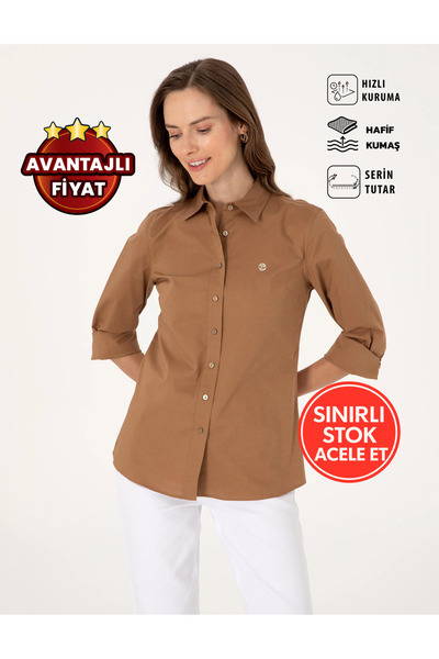 Pierre Cardin Camel Slim Fit Uzun Kollu Kadın Gömlek