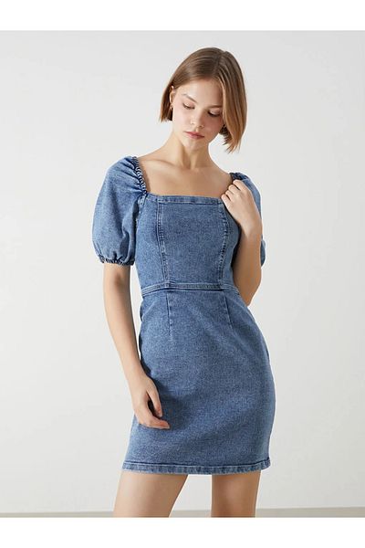 LC Waikiki Xside Blue Square Collar Women's Jean Dress