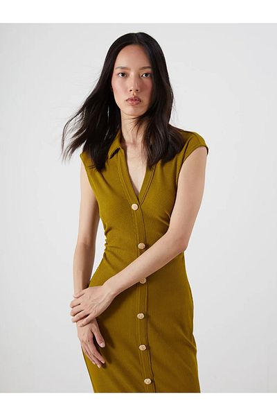 LC Waikiki Lcw Vision Green Textured Shirred Shirt Dress