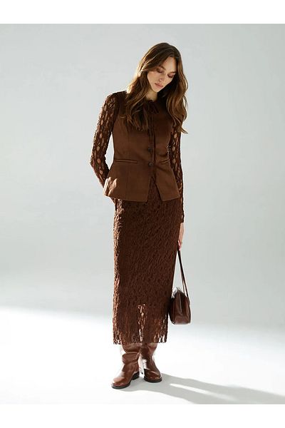 LC Waikiki Lcw Vision Brown Laced Neck Lace Women's Dress