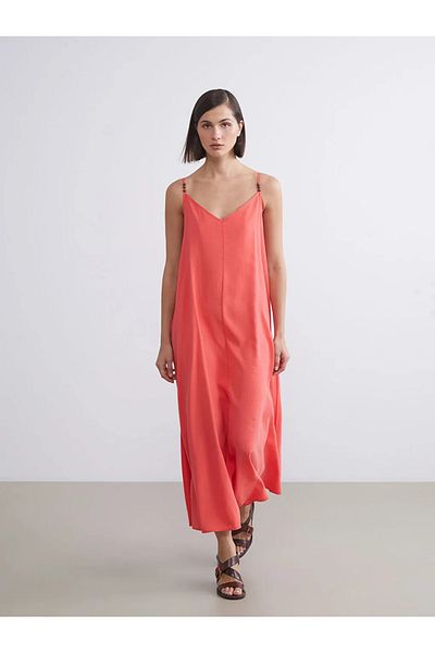 LC Waikiki Lcw Vision Pink V-Neck Strap A-Line Modal Blend Dress