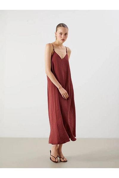 LC Waikiki Lcw Vision Burgundy V-Neck Strap A-Line Modal Blend Dress