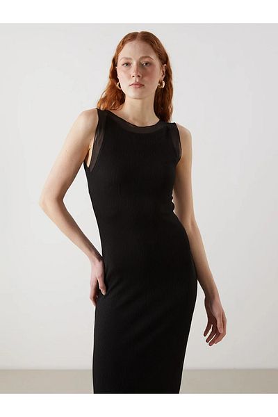 LC Waikiki Lcw Vision Black Crew Neck Textured Women's Dress