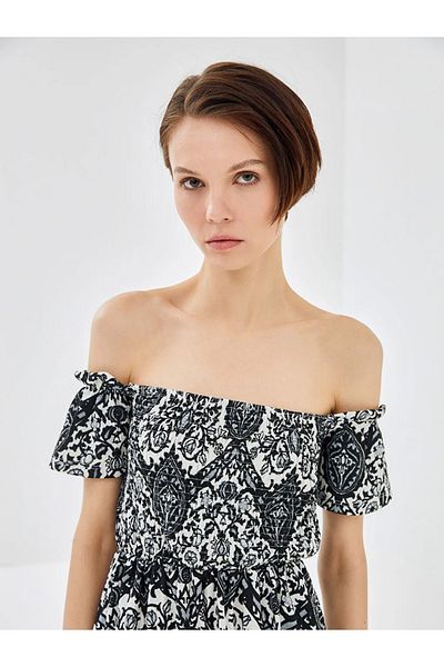 LC Waikiki Blais black boat neck patterned short sleeve women's dress
