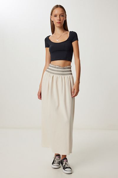 Lovelyİstanbul Contrast Belt Detailed Linen Skirt Lmc0067 Cream