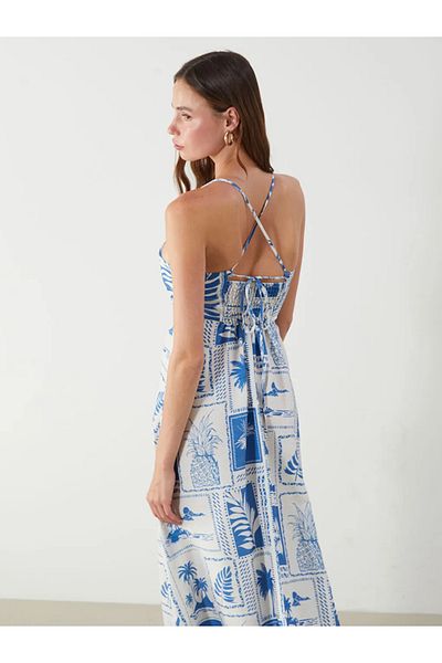 LC Waikiki Lcw Vision Blue Square Neck Patterned Suspender Linen Blend Dress
