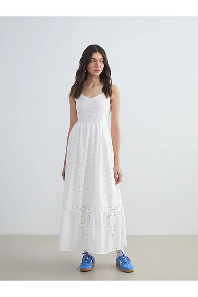 LC Waikiki Xside White V-Neck Openwork Dress