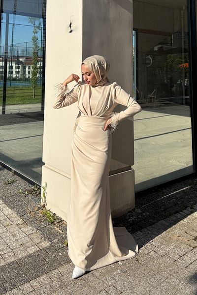 Tarzım Tuba Tailed Zara Fabric Sleeves Tassel Hijab Evening Dress