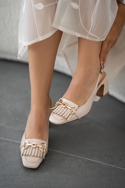 Parponi North Women's Tasseled Leather Heeled Shoes Beige