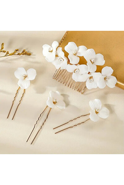 Eva Flore White Ceramic Flower Comb Barrette and 3 Bun Barrettes, Hair Accessory for Brides
