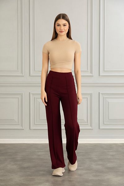OLİZZA Women's Burgundy Modal Wide Leg Striped High Waist Elastic Waist Soft Textured Lycra Trousers