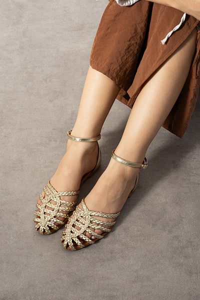 CUCA Genuine Leather Knitted Detail Ankle Strap Elastic Daily Women's Sandals