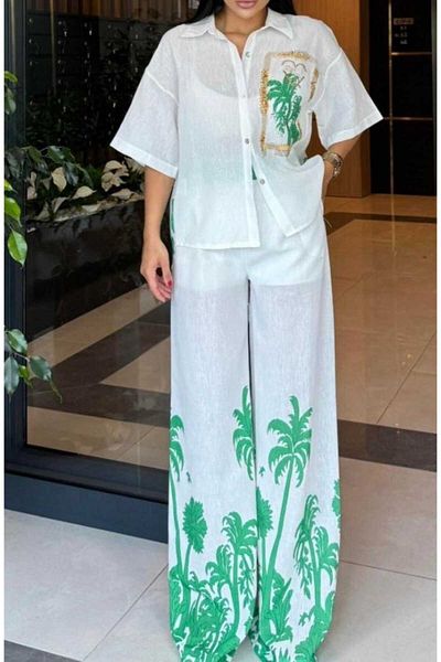 Butik Şenel Palm Printed Linen Shirt Pants Set