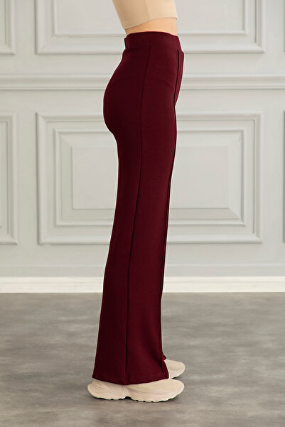 OLİZZA Women's Burgundy Modal Wide Leg Striped High Waist Elastic Waist Soft Textured Lycra Trousers