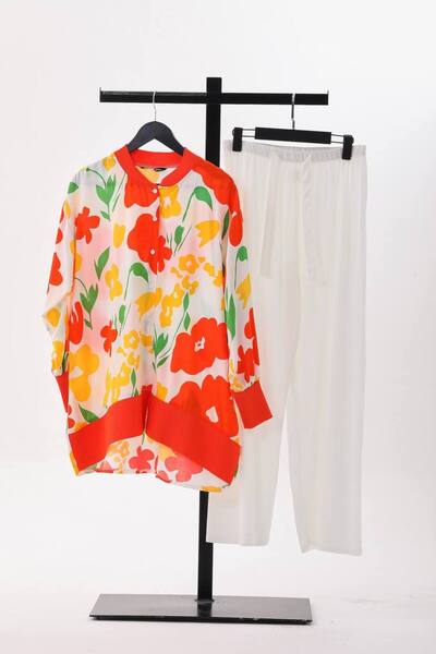 Polologin Butik Orange Green Ribbed Viscose Fabric Tunic