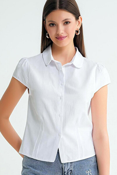 Ottawe Fit Kalıp Bel Oturtmalı Pensli Kısa Kollu Yakalı Cepsiz Pamuklu Casual...