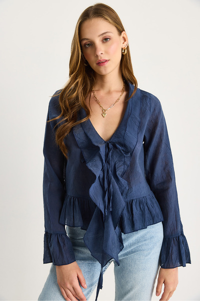 Bianco Lucci Women's Textured Flounced Lightweight See-Through Modal Blouse 60282030