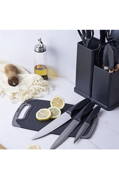 OEM Set ustensile bucatarie 19 piese, Lemn si Silicon alimentar, Cutite, Tocator, Termorezistente