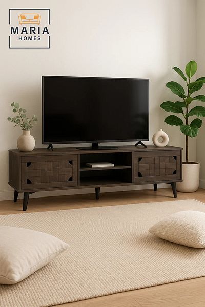 MARIA HOMES Modern Walnut Wood-Look TV Stand 160x50 cm with Storage Cabinets and Open Shelves