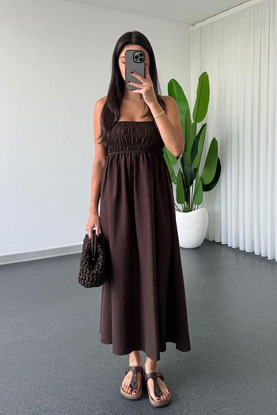 ECEMİ Besy Brown Rubber Detail Basic Dress