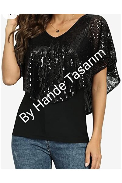 BY HANDE TASARIM Women's Black Sequin Cape Blouse