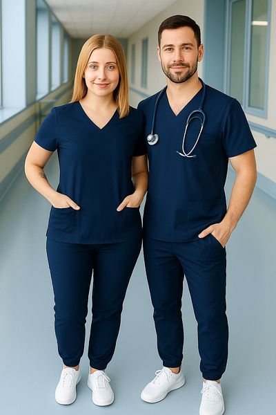 PIQUE Albastru bleumarin Lycra unisex cu mâneci liliac pentru asistentă și medic