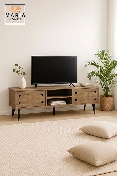 MARIA HOMES Modern Brown Wood-Look TV Stand 160x55 cm with Storage Cabinets and Open Shelves