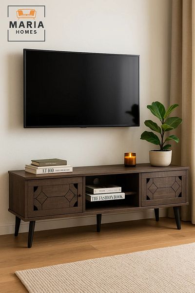 MARIA HOMES Modern Walnut Wood-Look TV Stand 160x54 cm with Decorative Cabinets and Shelves