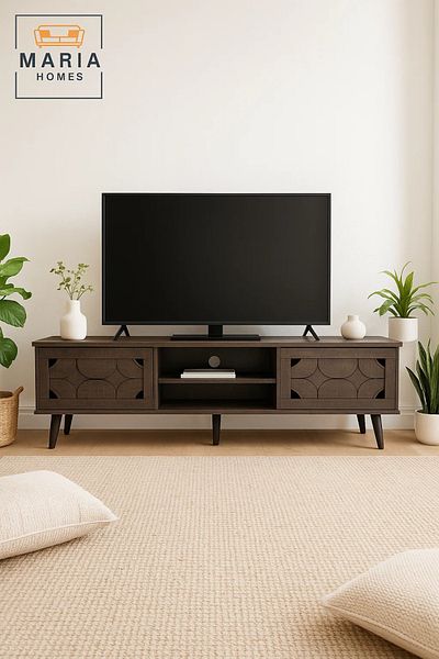 MARIA HOMES Modern Gray Wood-Look TV Stand 180x53 cm with Storage Cabinets and Open Shelves