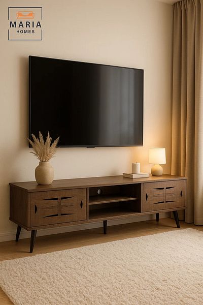 MARIA HOMES Modern Walnut Wood-Look TV Stand 160x50 cm with Cabinets and Open Shelf Storage