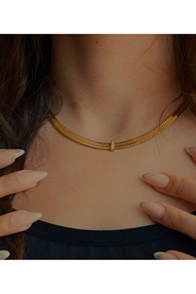 saaden jewelry SAADEN Çelik Balık Sırtı İtalyan Tasarım Tek Taşlı Gold Kolye