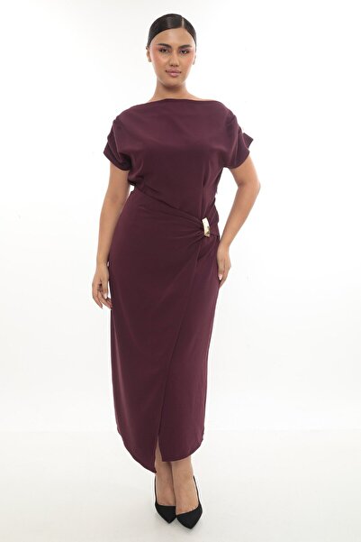 Budvaa Şık Kayık Yaka Drapeli Beli Tokalı Midi Elbise (MÜRDÜM)