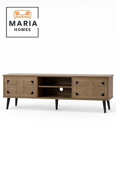 MARIA HOMES Modern Brown Wood-Look TV Stand 180x55 cm with Cabinets and Cable Hole