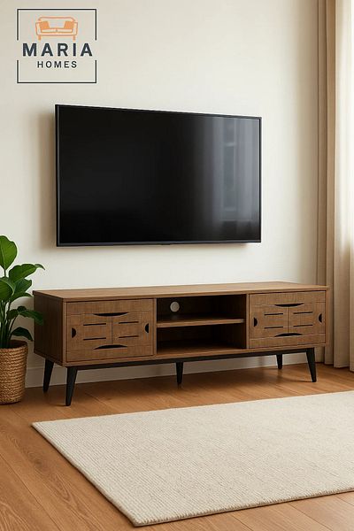 MARIA HOMES Modern Brown Oak TV Stand with Storage – 180 cm Wooden Media Unit