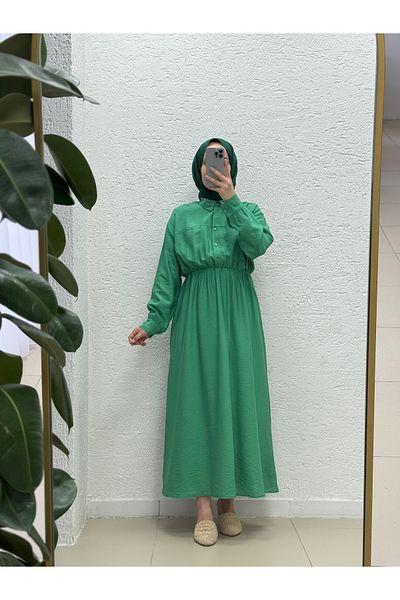 MİHRA STORE Mireva Half Patched Elastic Waist Dress-As4078 Green