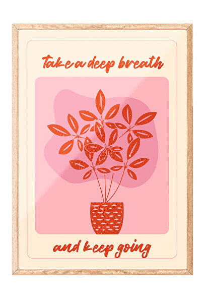 Zestia Tablou cu ramă din lemn, plantă în ghiveci cu text „Respiră adânc”, po...