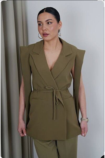 Lovely butik Women's Shoulder Detail Belted Zero Sleeve Vest Pants Double Set