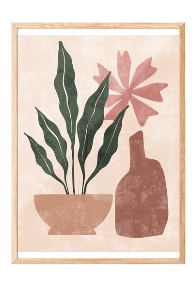 Zestia Tablou cu ramă din lemn, vază roz și flori, poster în stil minimalist ...